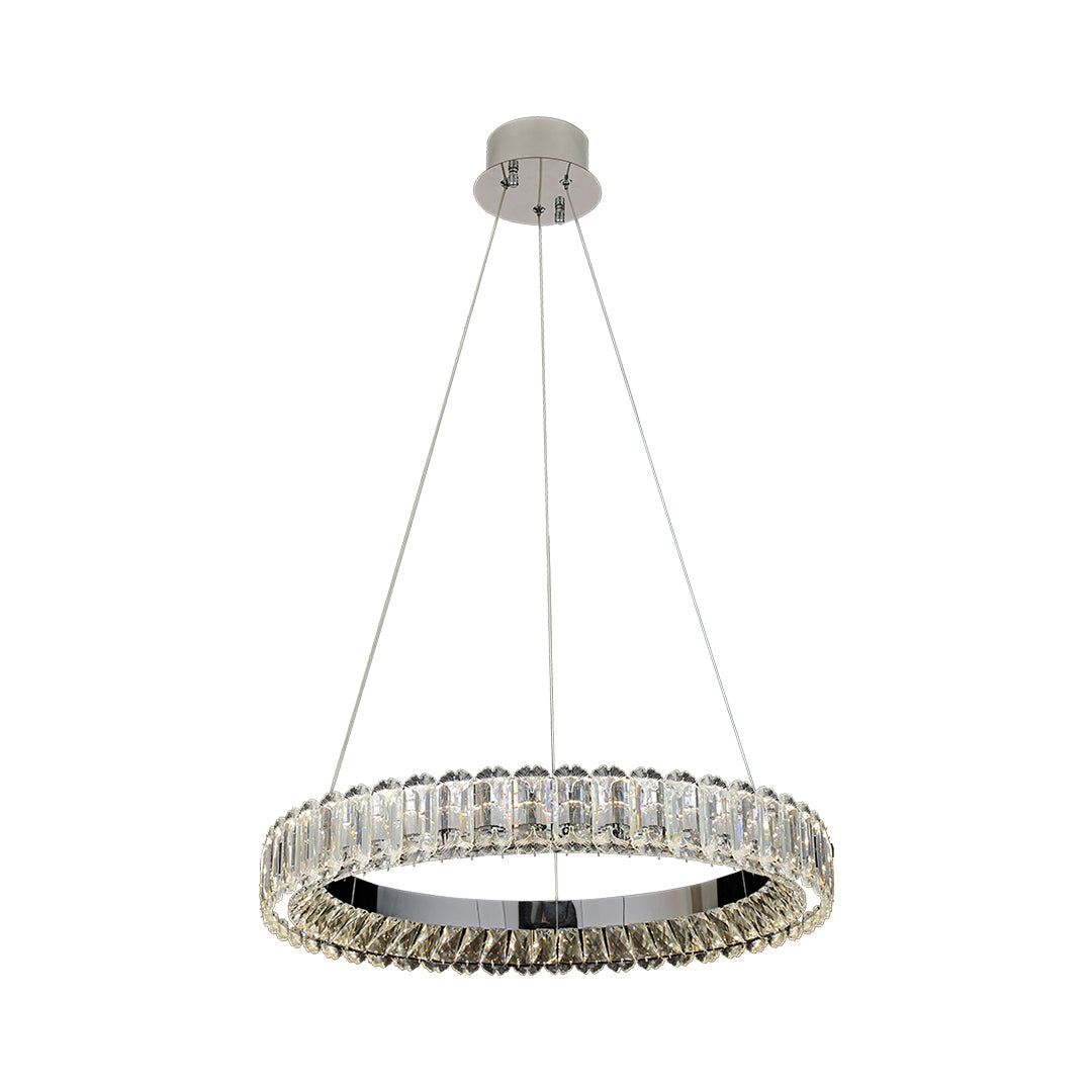 Circle chandelier featuring a double-ring design with crystal accents and metallic finish.