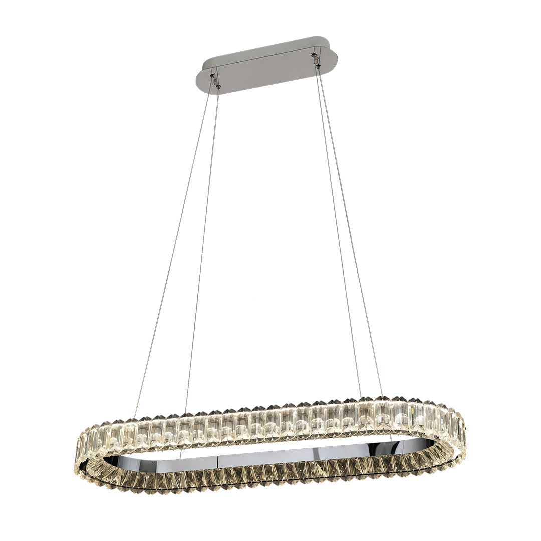 Circle chandelier in a luxurious dining room, adding a touch of sophistication.