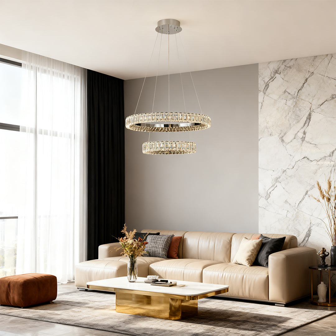 Circle chandelier in a minimalist living room, creating a cozy and elegant ambiance.