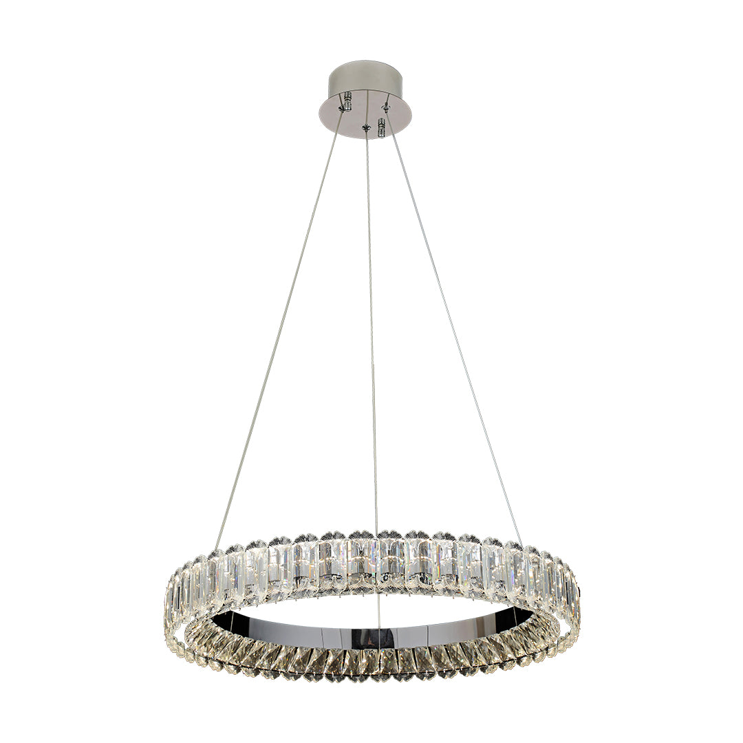 Circle chandelier installed in a modern living room, providing warm and inviting illumination.