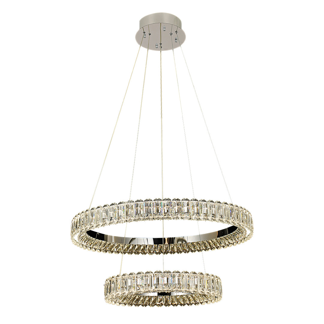 Circle chandelier hanging above a staircase, enhancing the space with elegant lighting.