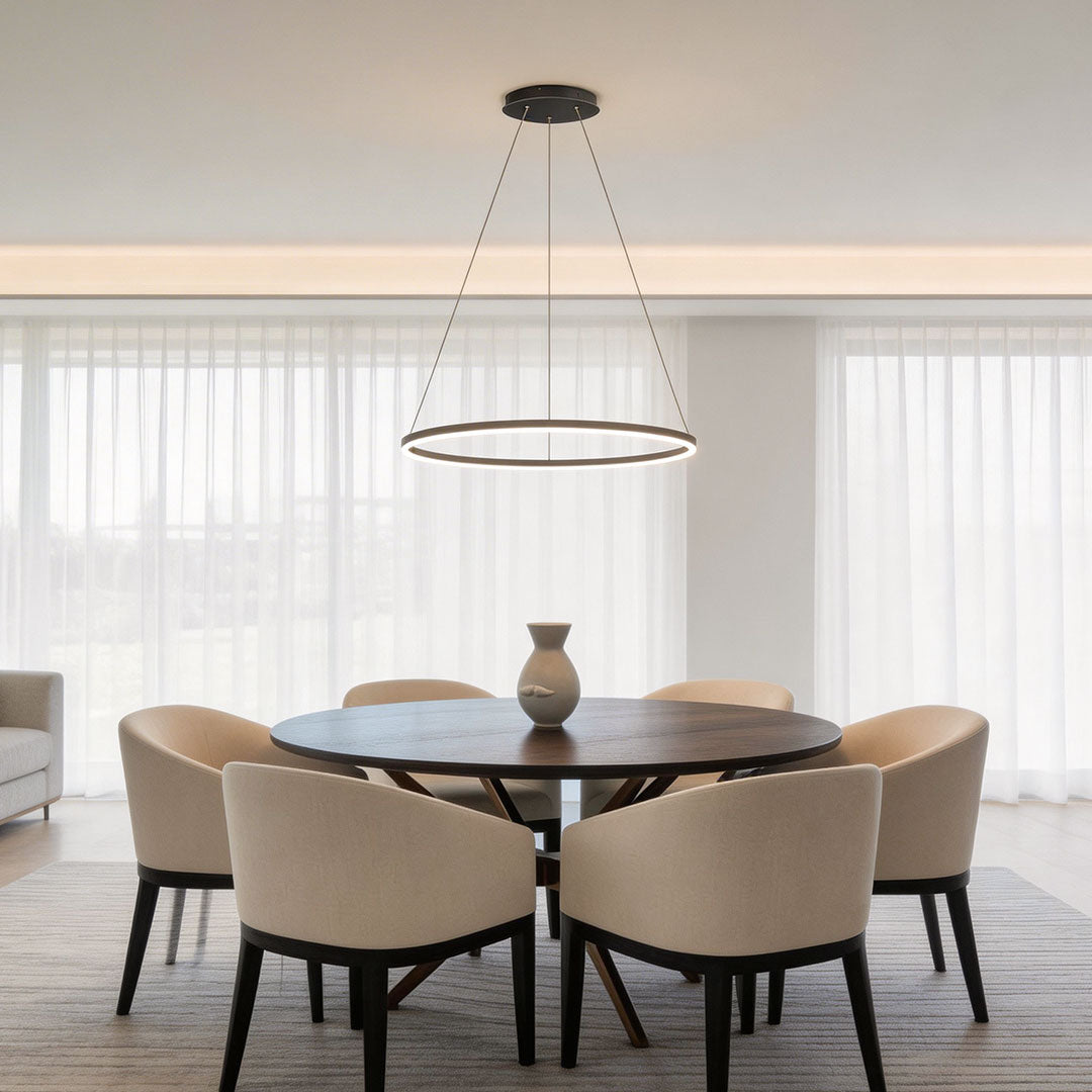 slim black LED ring chandelier above a round wooden dining table