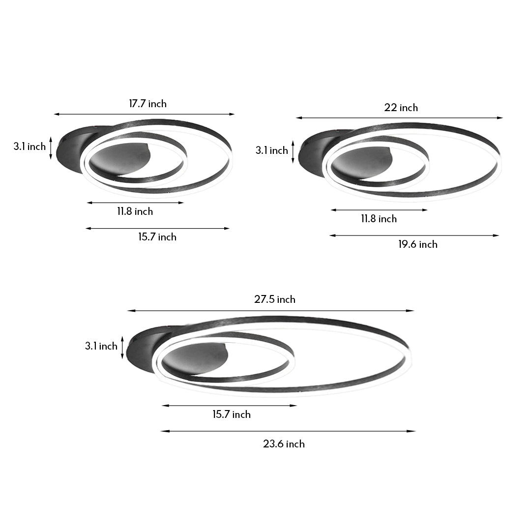 Technical specifications and dimensional drawings for modern circular ceiling light fixtures