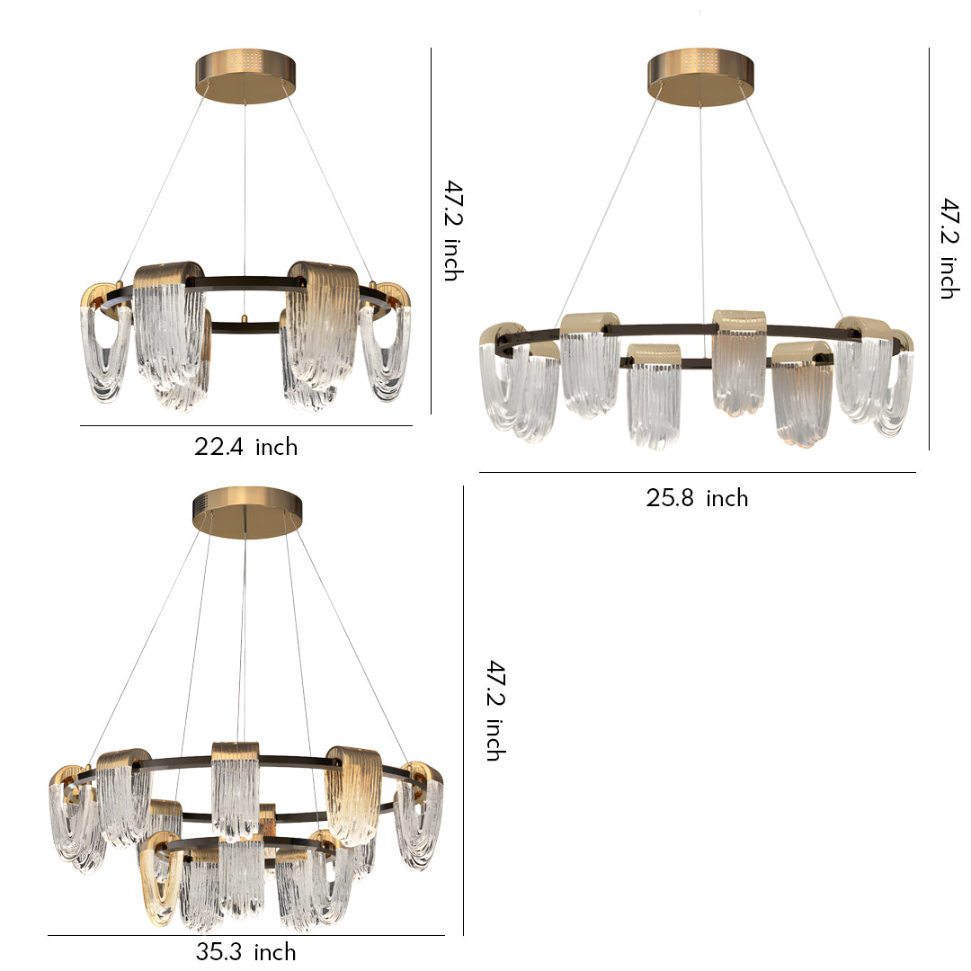 Modern circular chandelier modern design with gold frame and crystal glass pieces in a multi-view layout.
