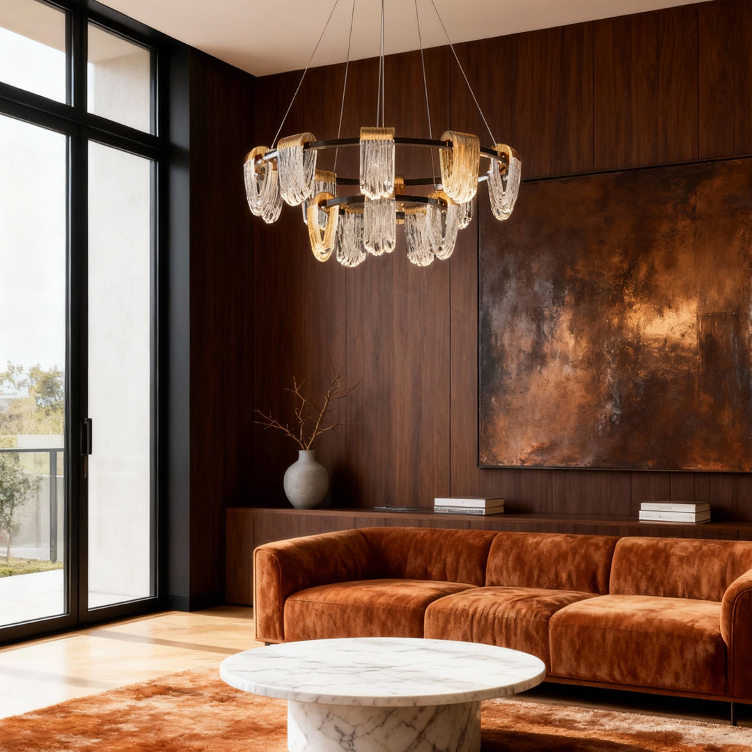 Modern circular chandelier modern style lighting a warm-toned living room with crystal details.