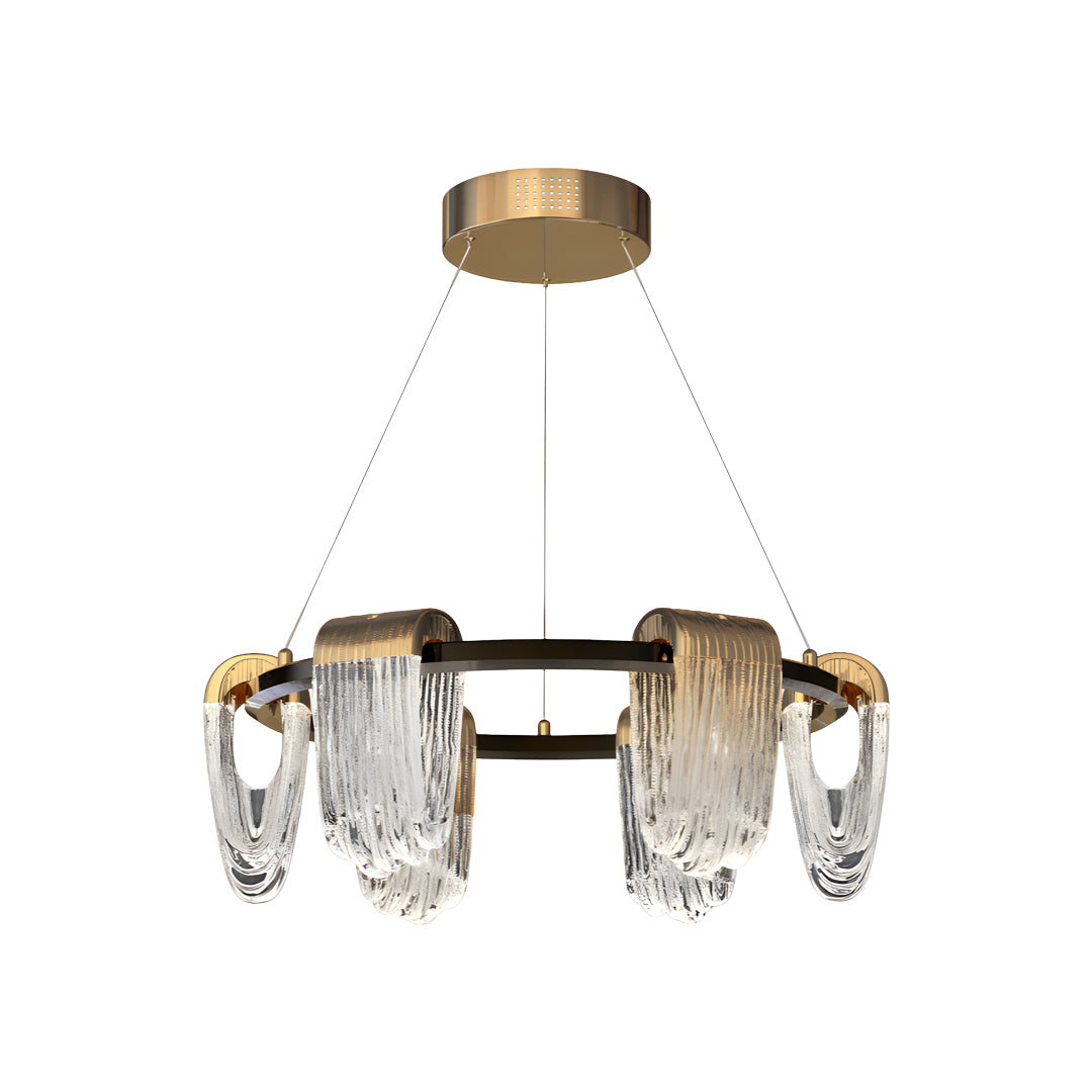 Elegant circular chandelier modern style with gold housing and hanging crystal accents.