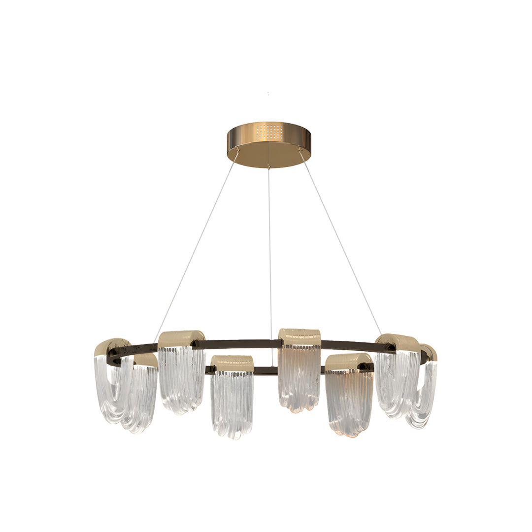 Sleek circular chandelier modern fixture featuring a minimal gold frame and clear crystal shades.