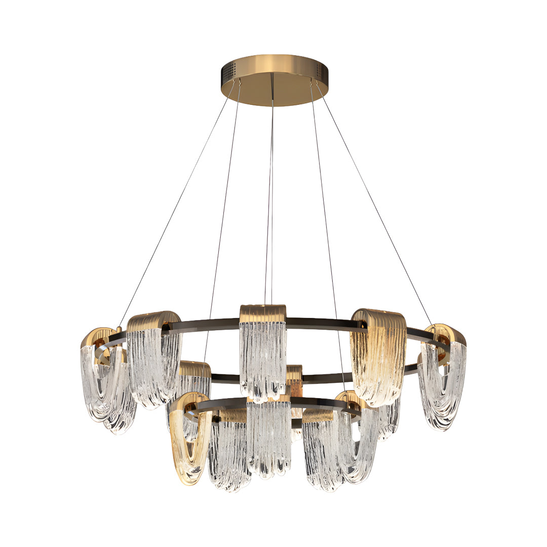 Luxury circular chandelier modern lighting with thick crystal pieces and a warm gold finish.