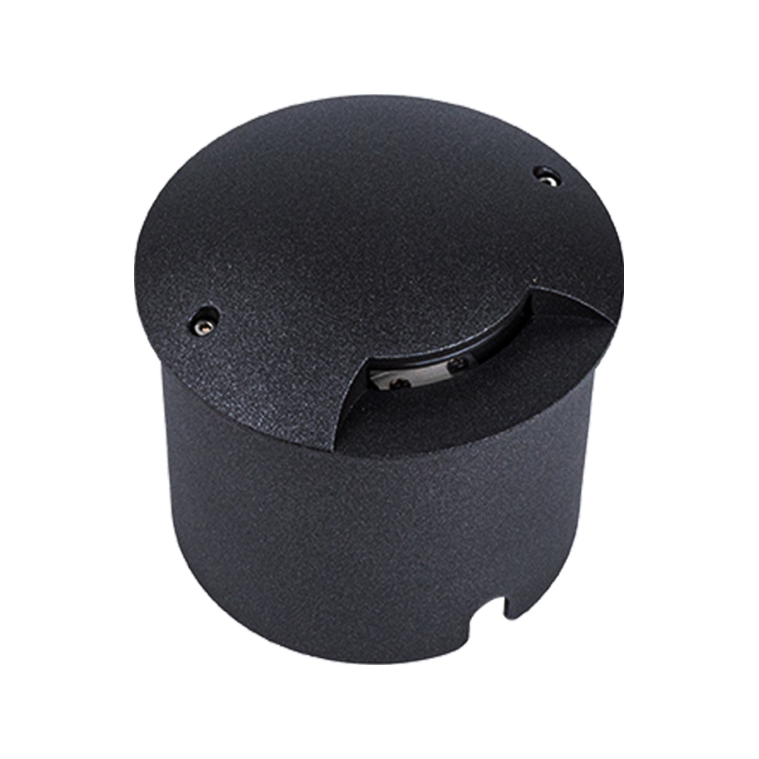 Technical specifications and dimensional drawings for circular in-ground light fixtures with various beam patterns