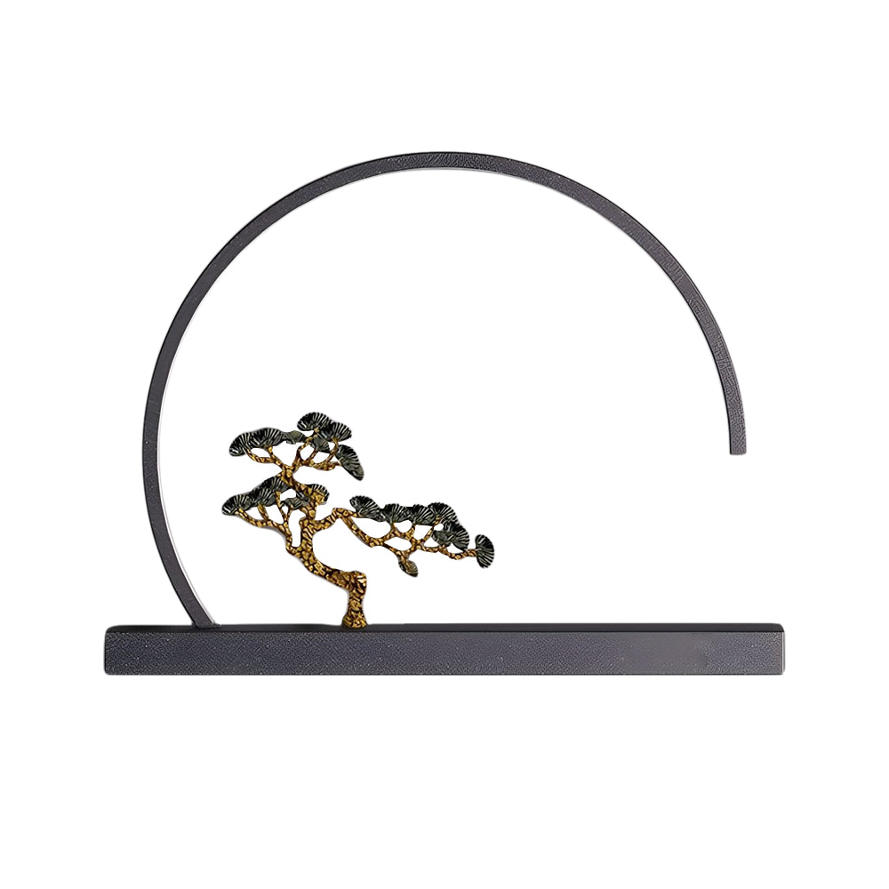 Modern circular LED wall sconce with warm backlighting showcasing decorative bonsai tree design element