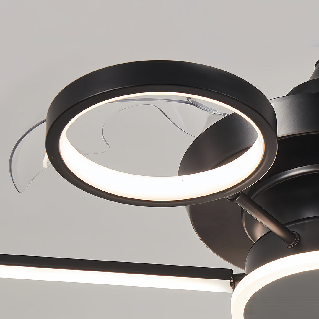 Close-up of a circular light ring on a black ceiling fans with multiple lights, highlighting its minimalist style