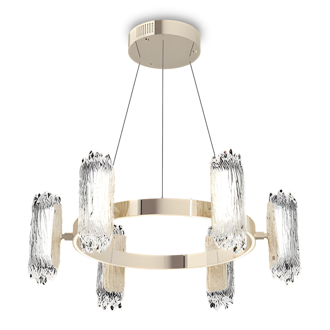 Circular metal modern chandelier with ring design suspending crystal glass elements in champagne gold tone