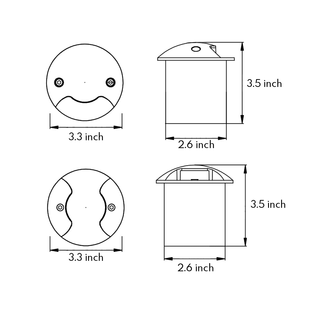 Technical specifications and dimensional drawings for circular outdoor lighting fixture with measurements