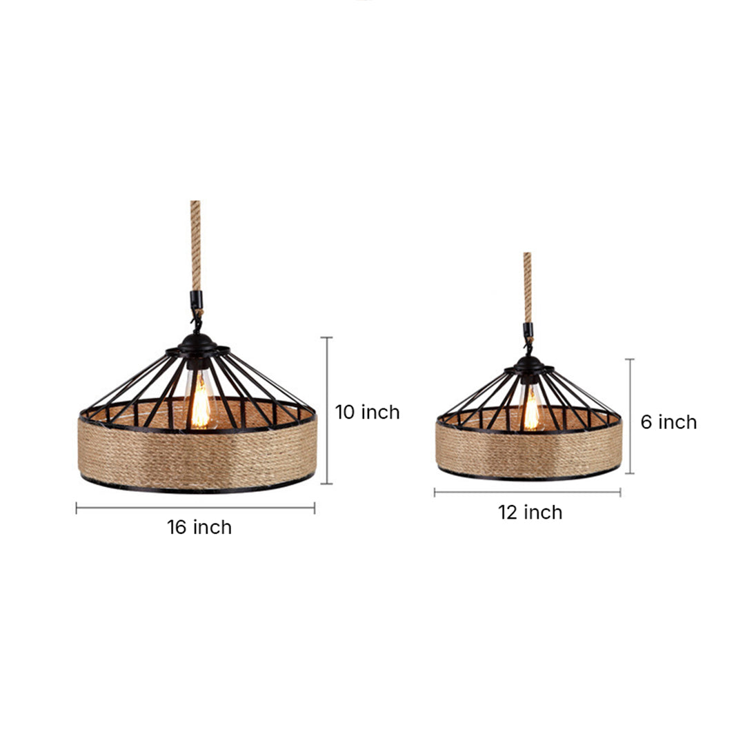 Circular pendant light dimensions and installation guide, rustic woven design illustration