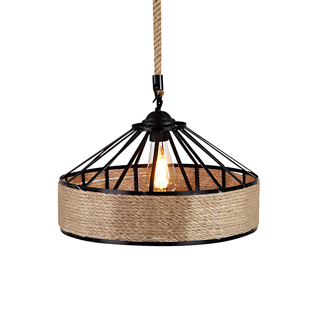 This creative circular pendant light blends hemp rope texture with iron art craftsmanship, offering warm, decorative lighting for unique home décor.