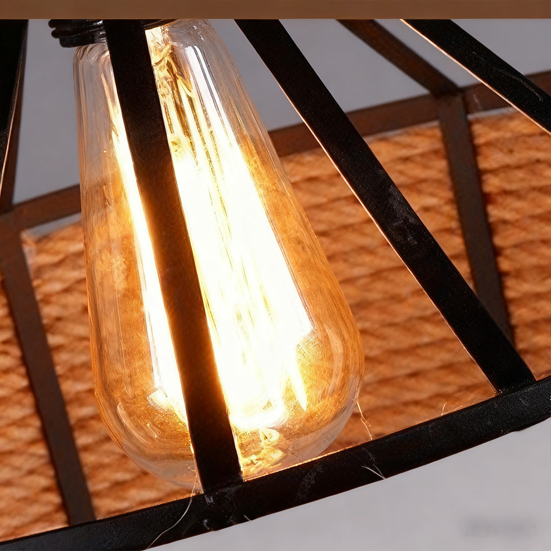 Circular pendant light with hemp rope and iron art design creates a creative, rustic ceiling light perfect for dining rooms and artistic interiors.