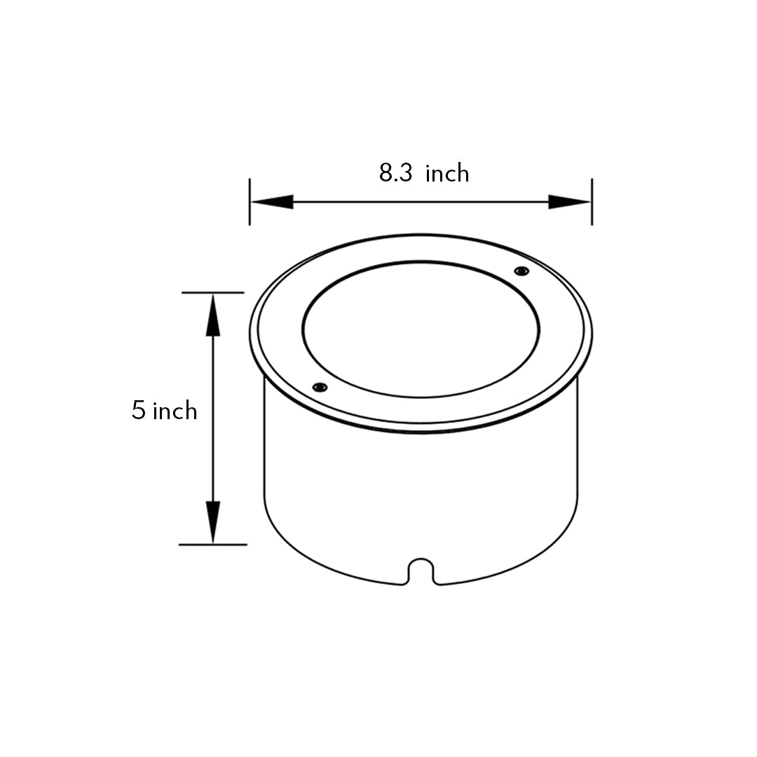 Technical drawing with dimensional specifications for circular recessed ground light fixture installation