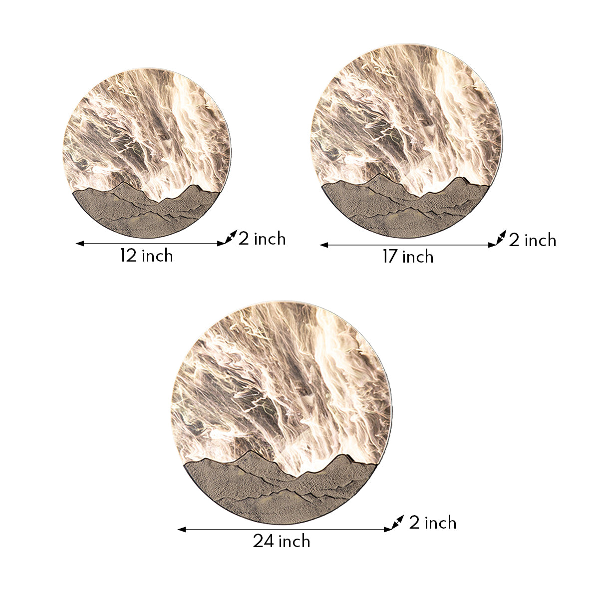 Product specification sheet showing three circular wall lights with dimension measurements