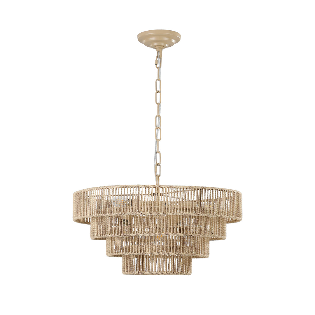 Japanese style chandelier with a circular wood and crystal pattern, adding a touch of nature-inspired artistry.