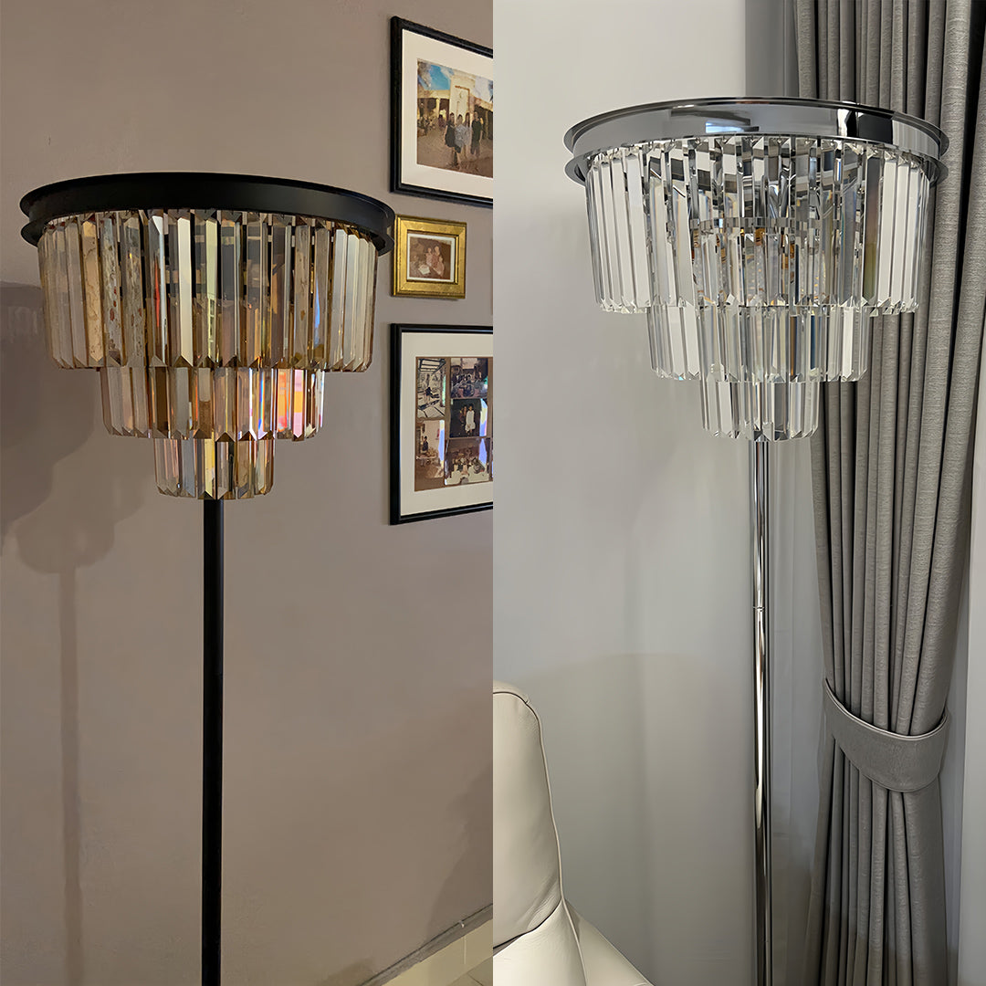 Floor crystal lamp beside a classic armchair, stylish lighting for a cozy reading nook