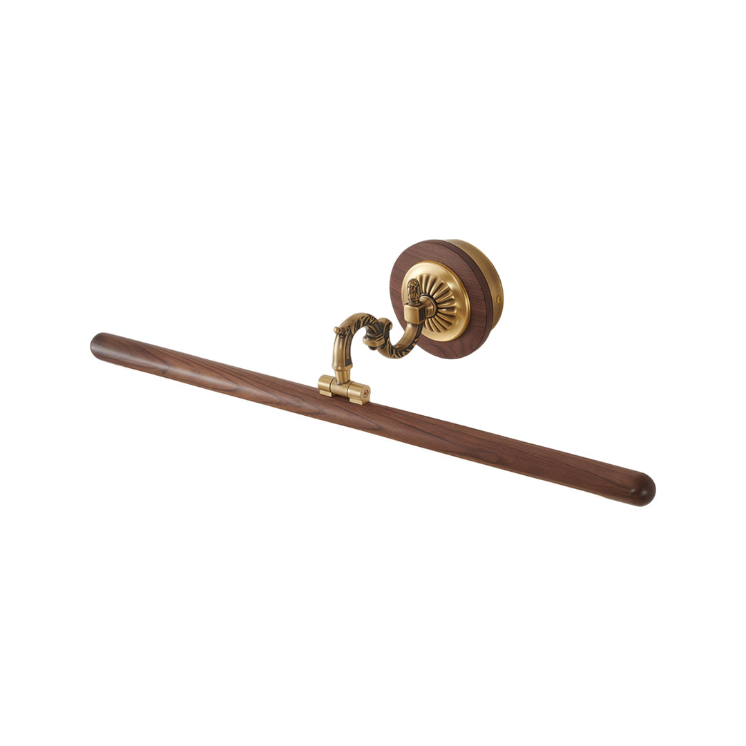 Classic bathroom vanity bar light fixtures displayed with wood grain lighting bar and decorative mount.