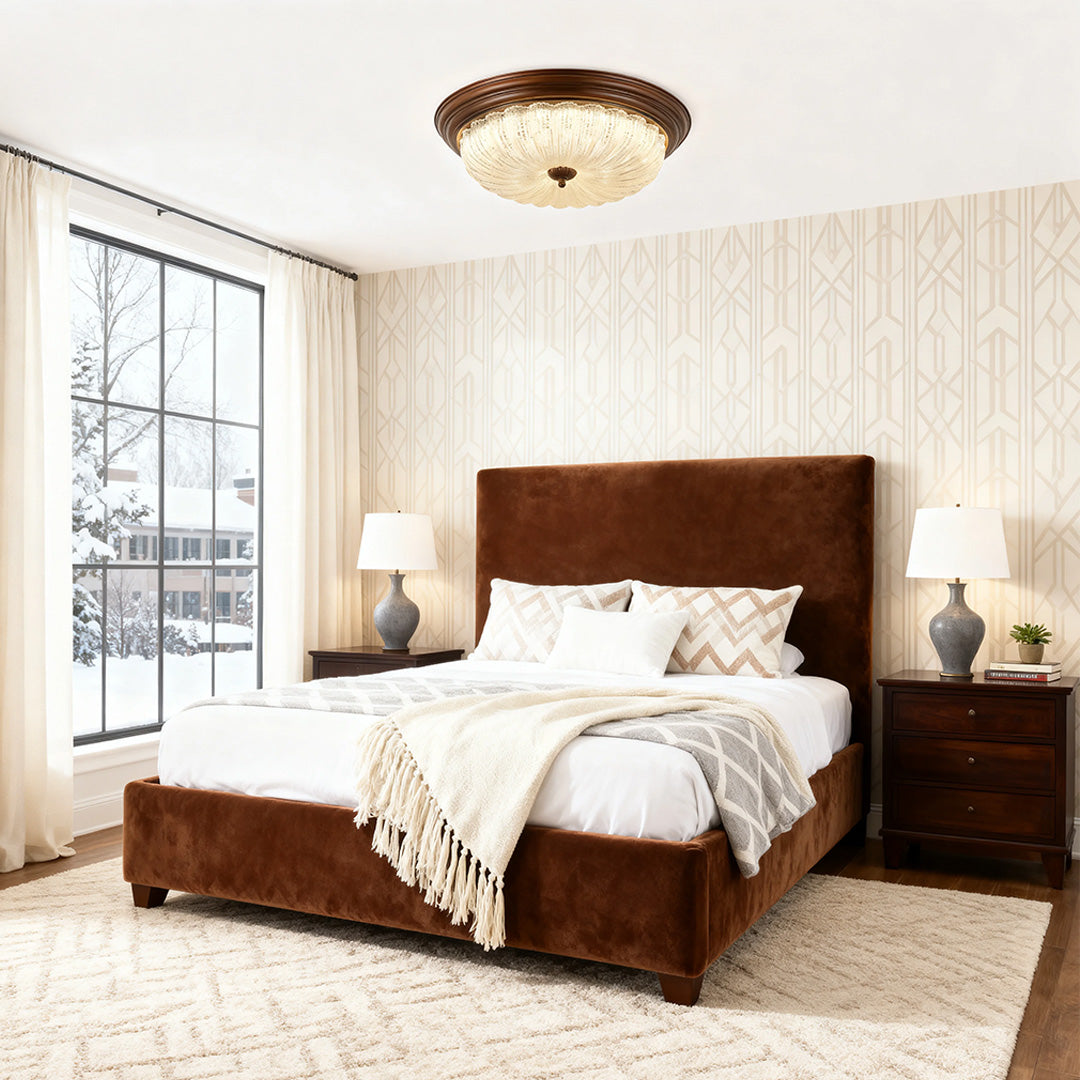 Retro flush mount ceiling light in a classic bedroom, elegant crystal lighting above a bed