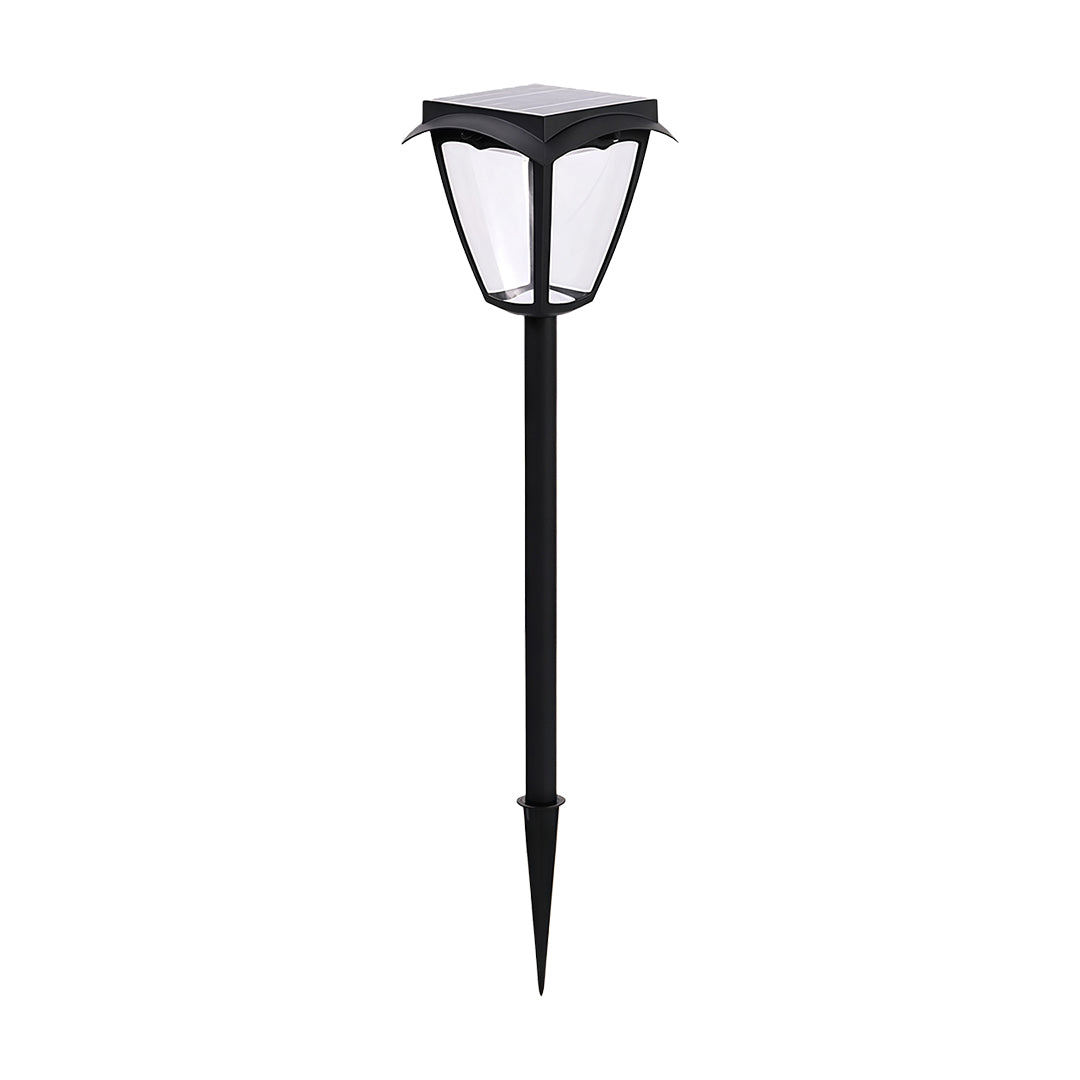 Full product photo of a classic black lantern-style solar powered path lighting stake, isolated on a white background.