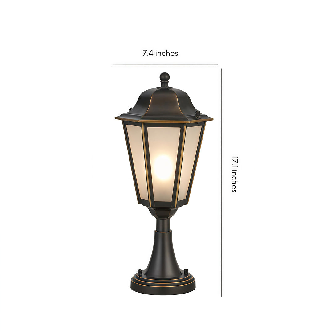 Classic black outdoor pillar light fixture with elegant glass panel design for garden or pathway illumination.
