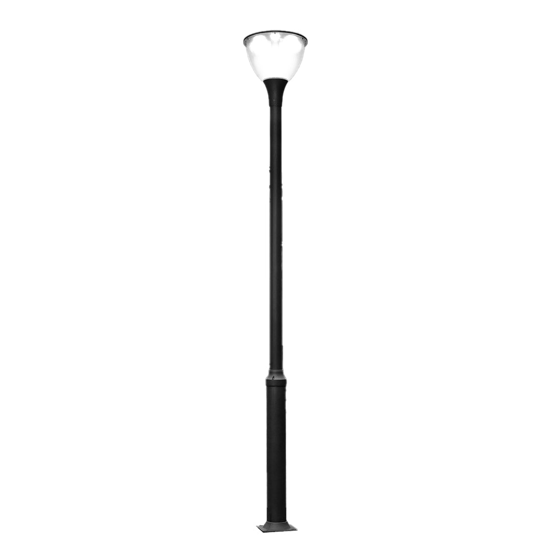 Classic black street lamp with white spherical top and elegant traditional post design