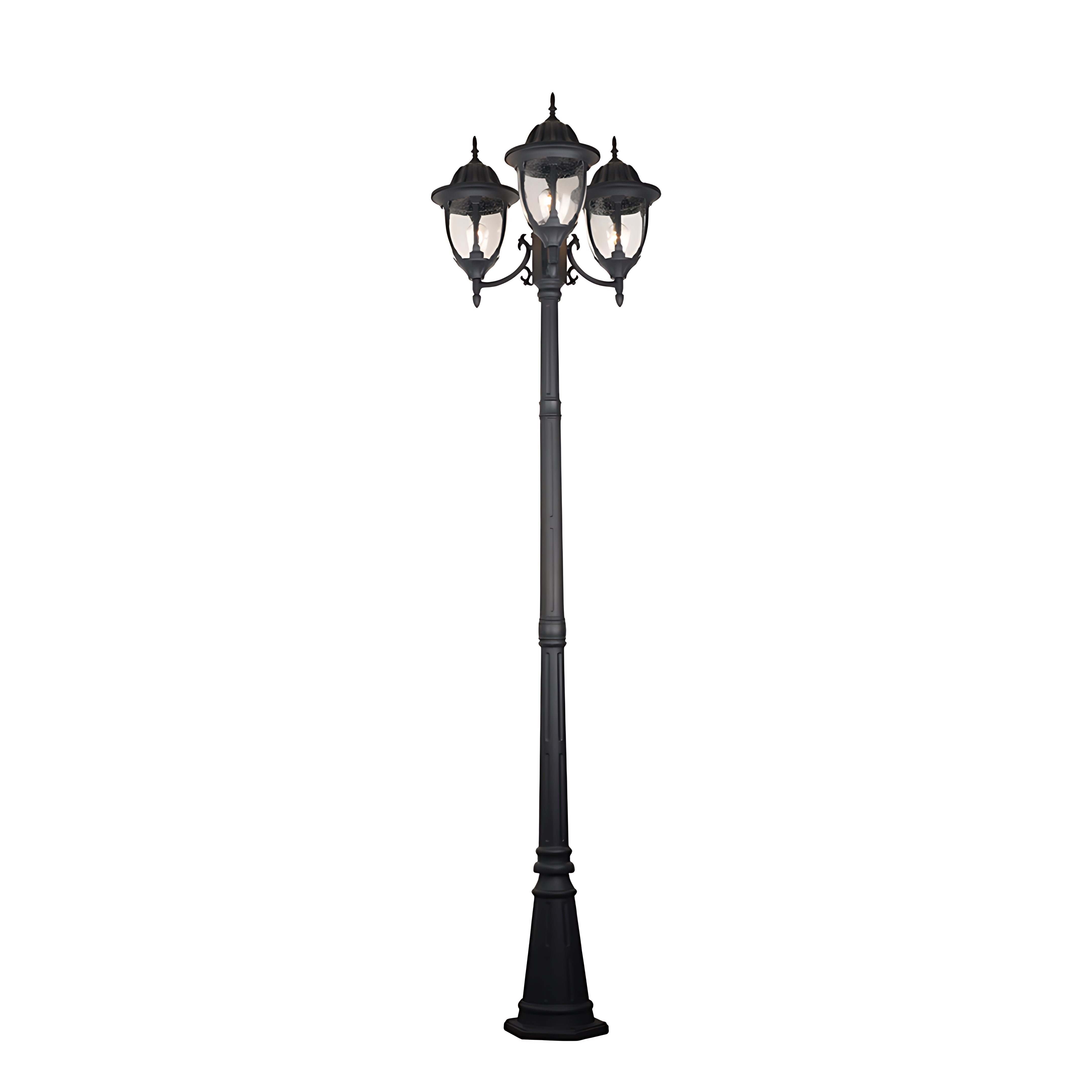 Classic black Victorian-style street lamp with three ornate lantern heads on plain background