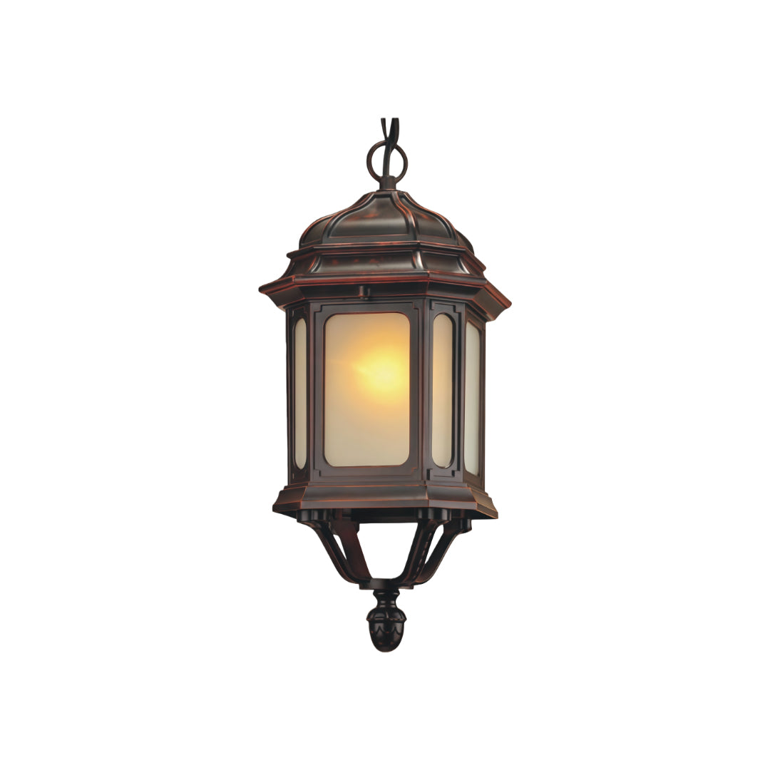 Classic bollard LED light fixture featuring decorative metalwork and amber glass in dark finish on white background