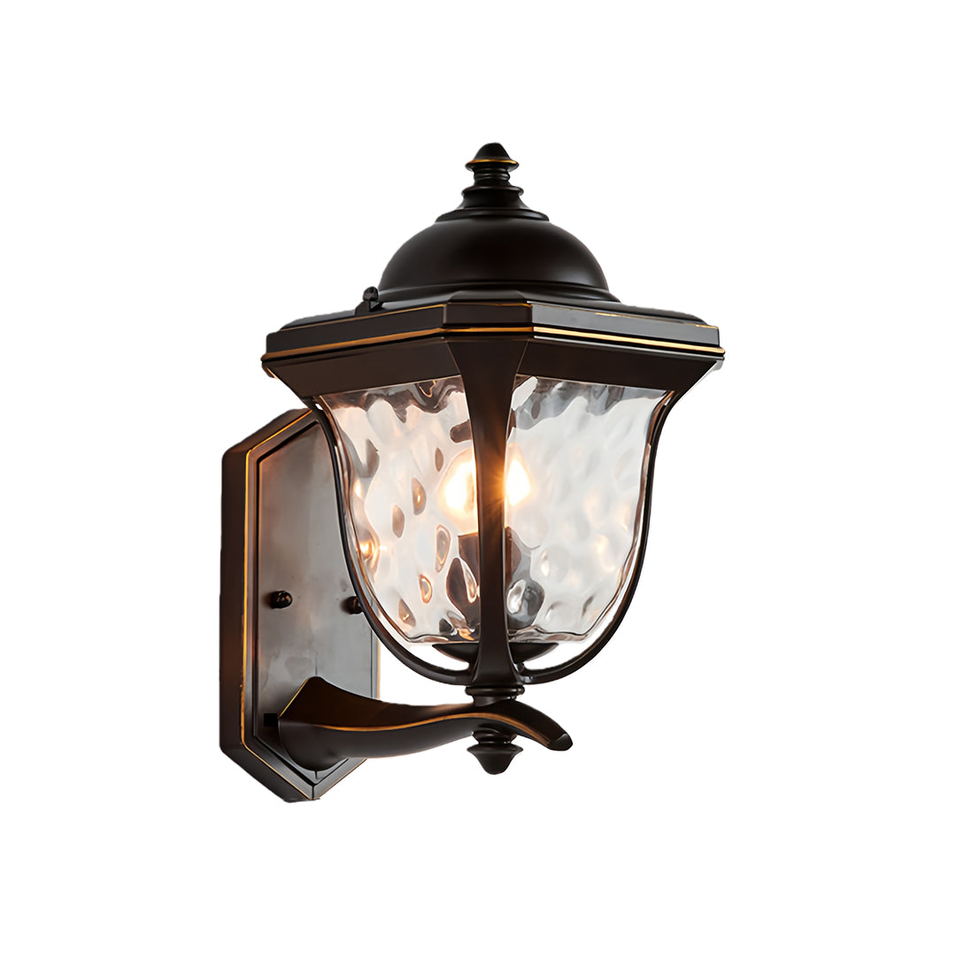 Classic bright outdoor wall lights with bronze finish and seeded glass.