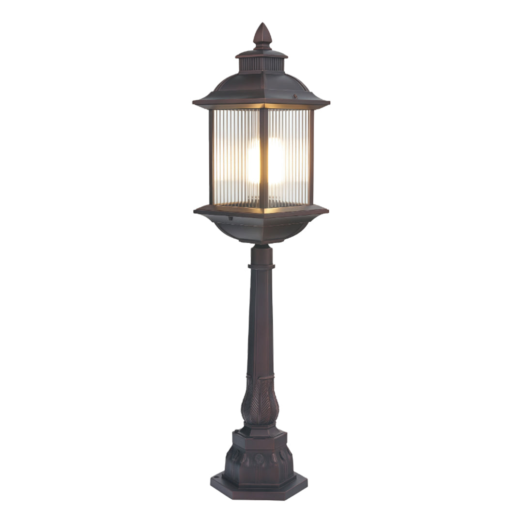 Classic LED post light fixture featuring ornate lantern design in antique bronze finish on white background