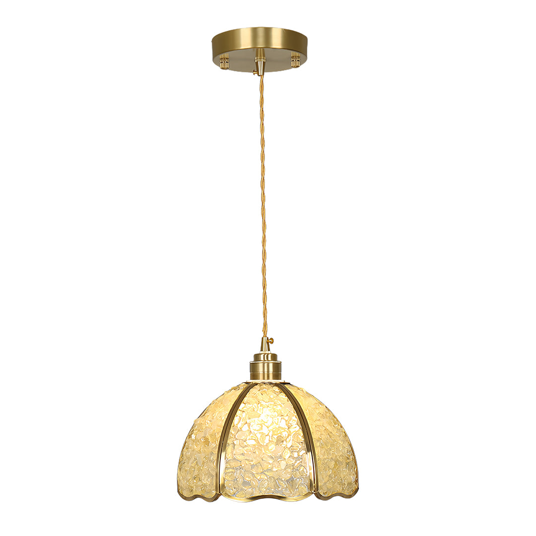 Classic small crystal pendant light with warm brass finish and faceted glass shade