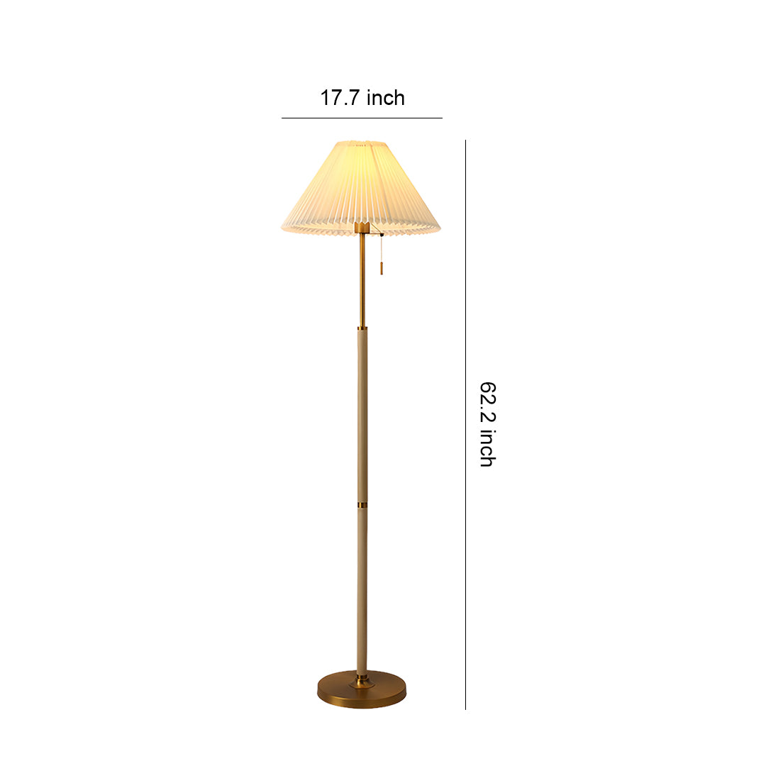 Classic floor wood lamp with pleated fabric shade and natural wood pole in traditional design