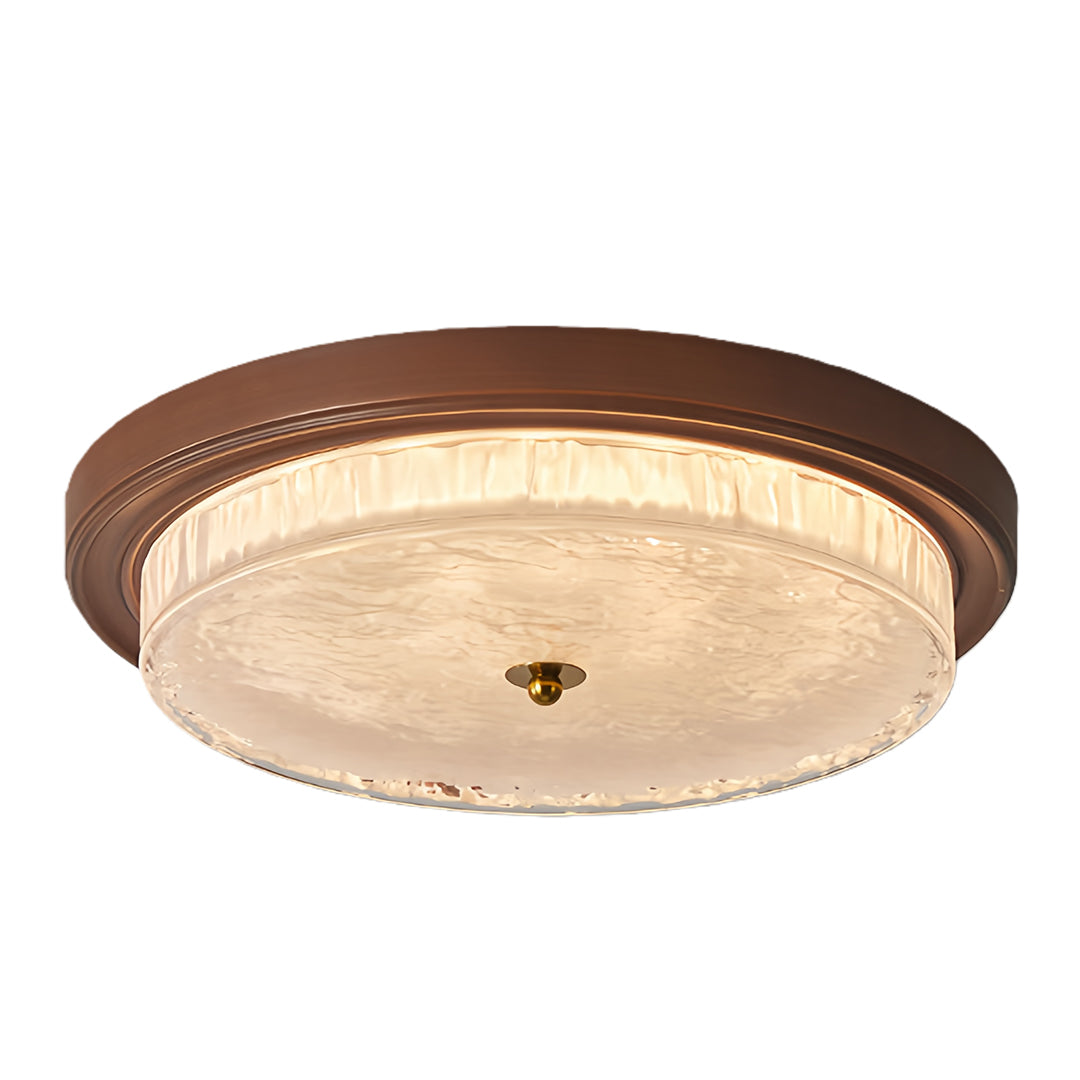 Classic flush mount dome light featuring dark bronze rim and warm alabaster glass