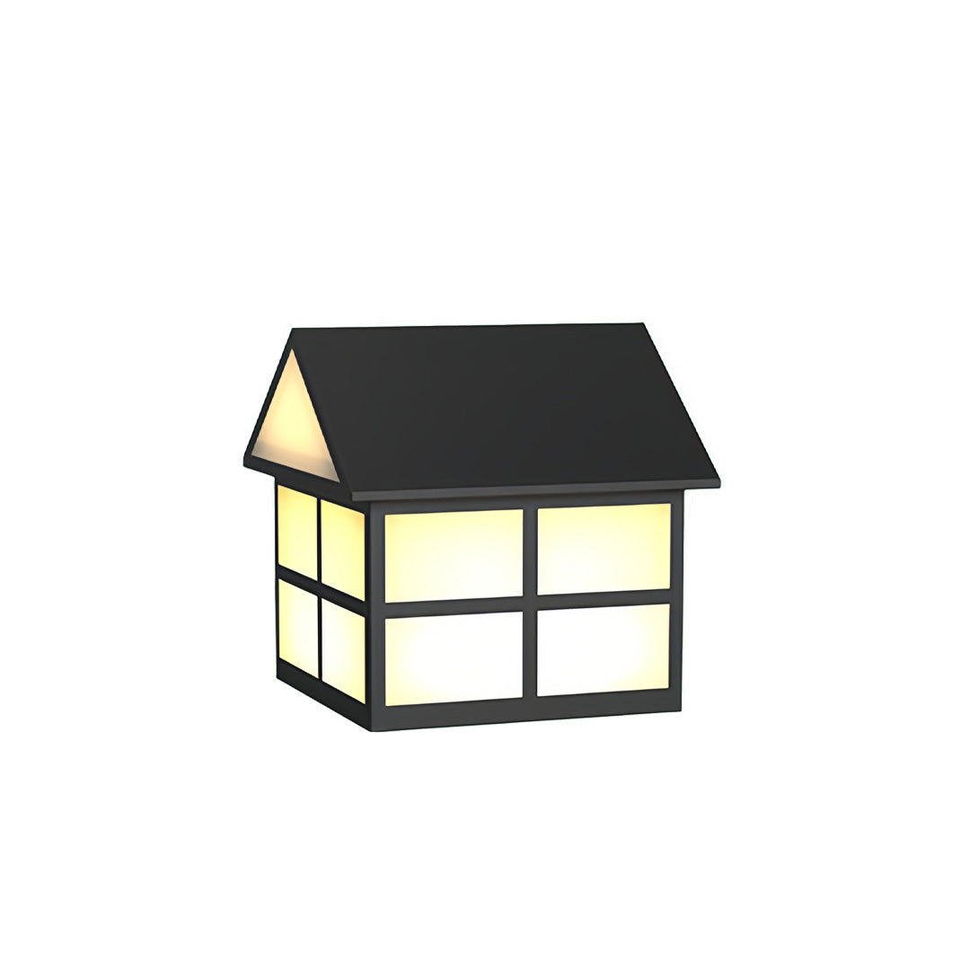 Classic warm-glow gate pillar top lights with a black roof and clean grid frame, designed for outdoor column use.