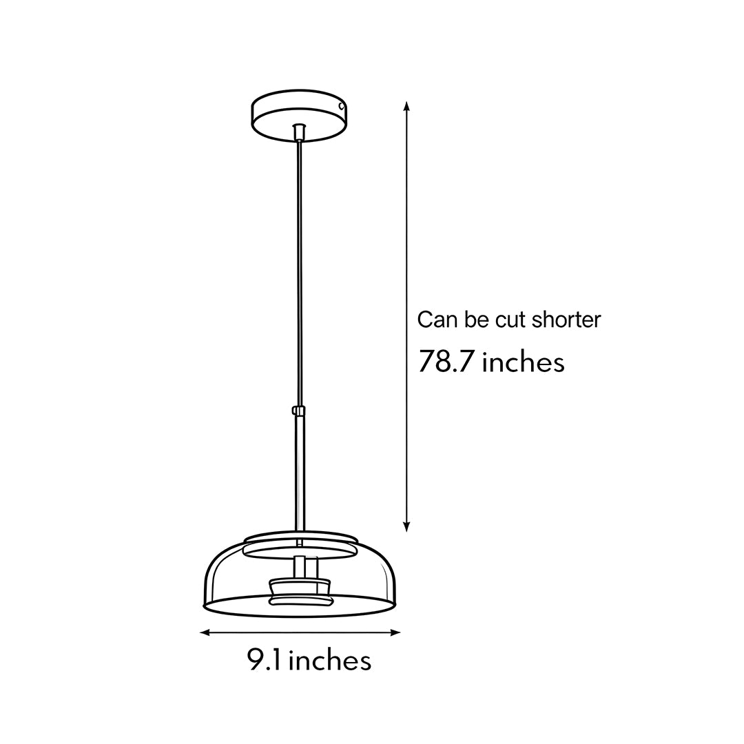 Dimension diagram of classic glass pendant lamp showing 9.1-inch shade width and 78.7-inch cord length.