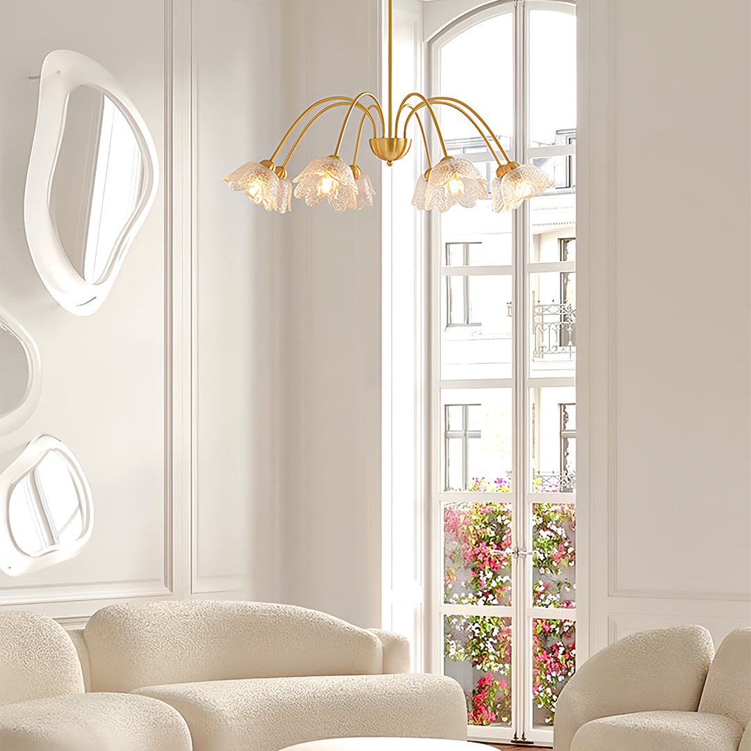 Classic glass shades chandelier featured in traditional dining room with warm wood accents