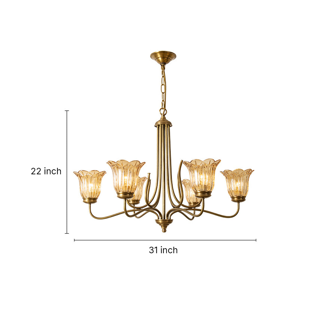 Traditional gold glass chandelier with curved arms and amber glass shades for classic dining room lighting