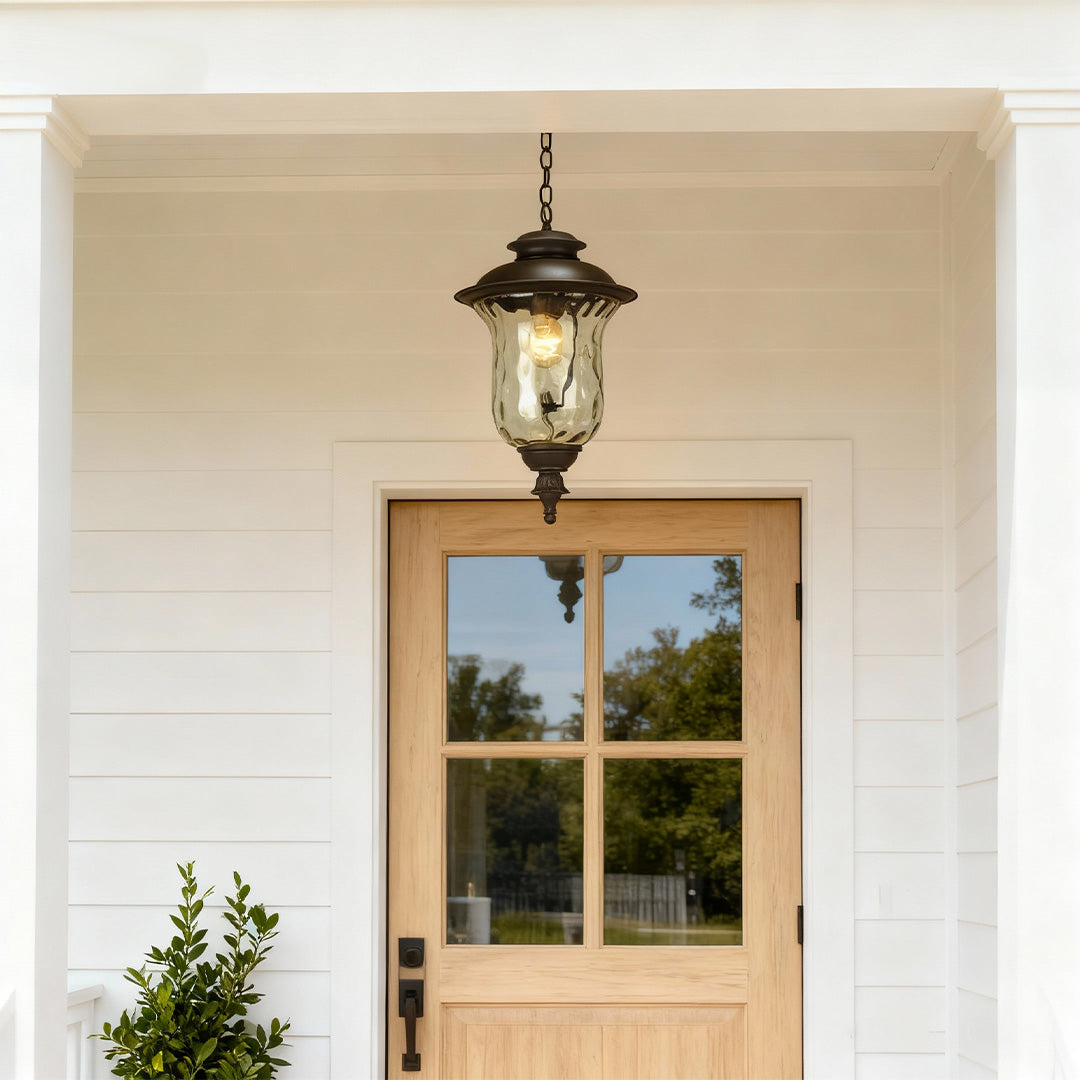 Classic industrial metal pendant light illuminating indoor space near window with potted plant