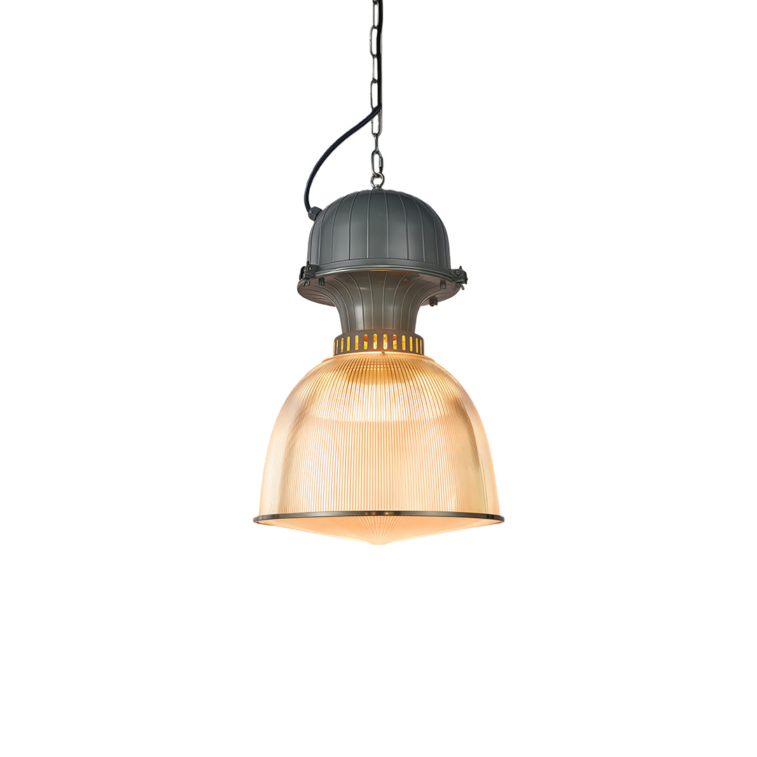 Classic industrial style pendant lighting with vintage metal hardware and textured glass dome shade