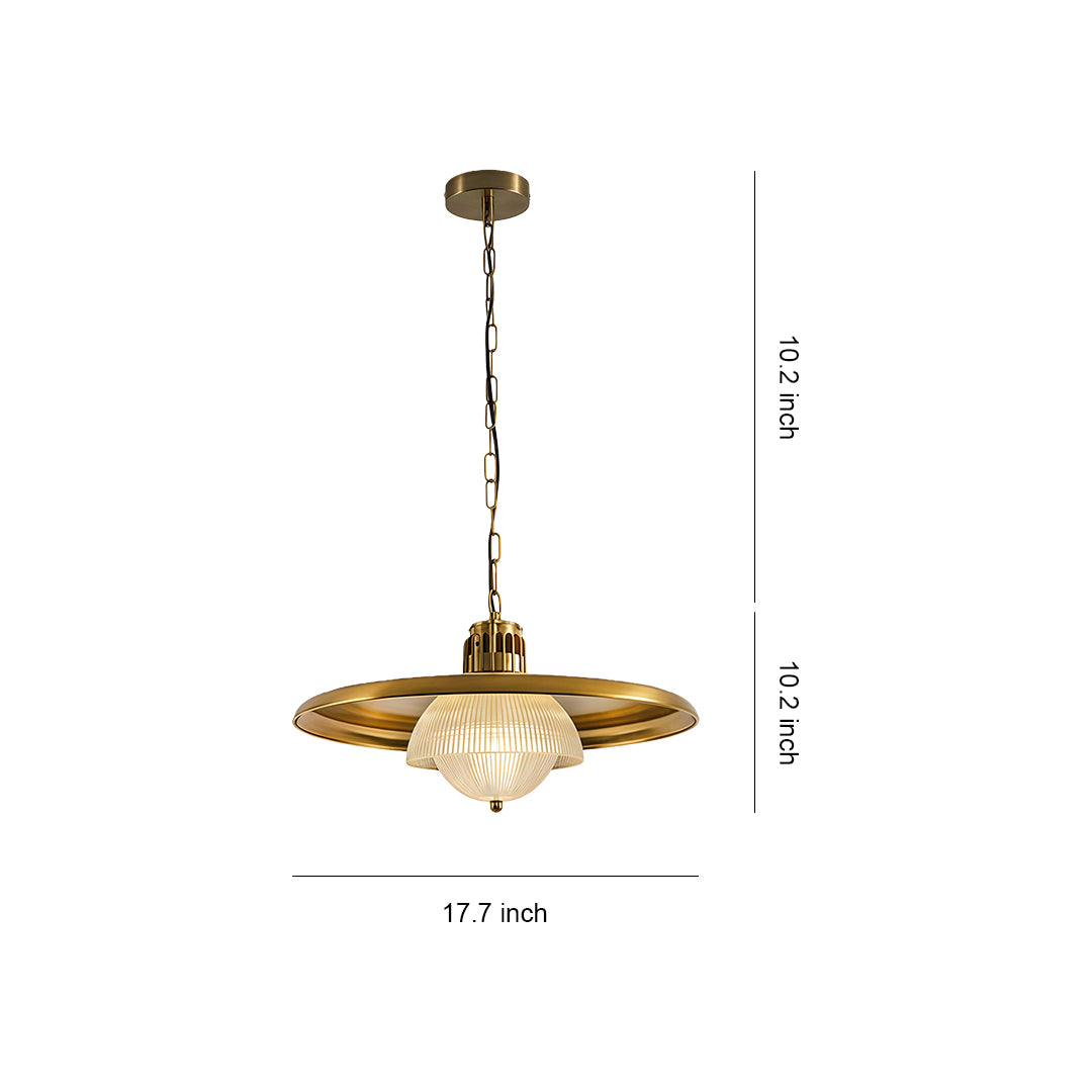 Classic iron pendant light fixture with brass finish wide disc shade and frosted glass globe diffuser