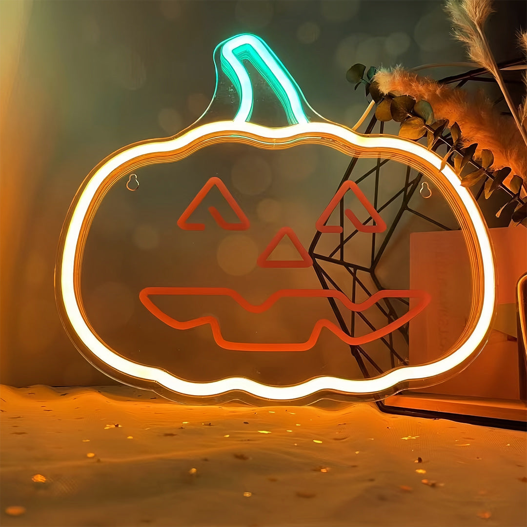 Classic orange and white halloween neon lights featuring a jack-o-lantern pumpkin design for spooky party display.