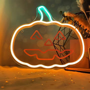 Classic orange and white halloween neon lights featuring a jack-o-lantern pumpkin design for spooky party display.