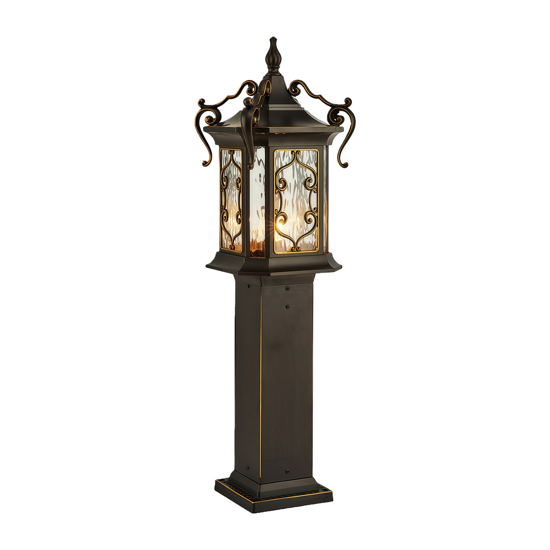 Classic landscape post lights featuring ornate metal frame and warm ambient glow for pathways.