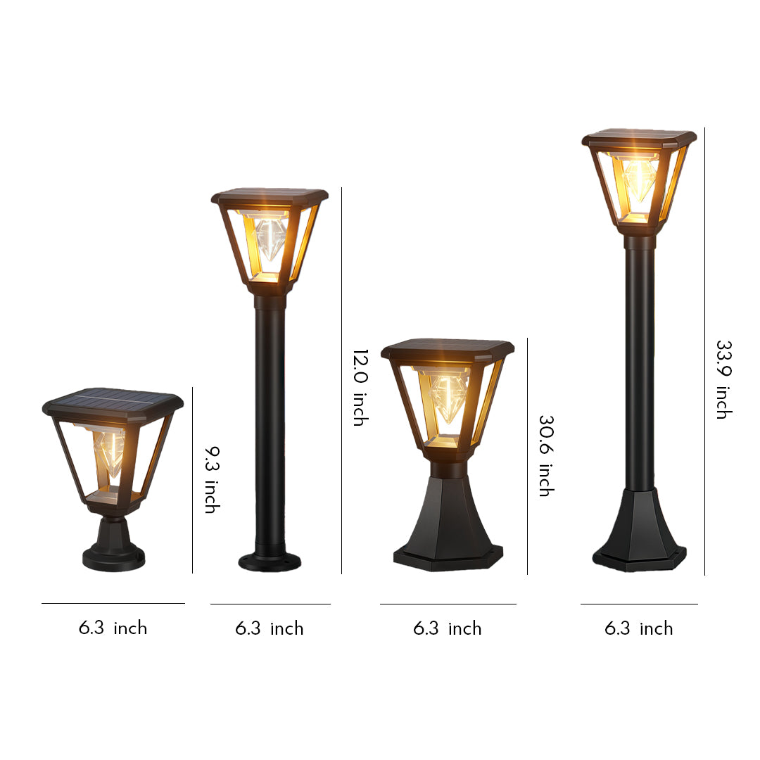 Classic lantern-style led post cap lights set displayed in multiple sizes with warm illumination and decorative metal frames.