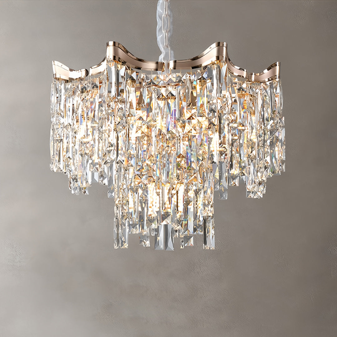Classic tiered glass chandelier with multiple crystal levels providing brilliant illumination and sparkle