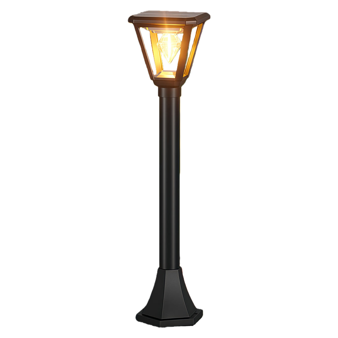 Tall outdoor lantern with classic glass housing and warm glow, designed as led post cap lights for pillars or pathways.