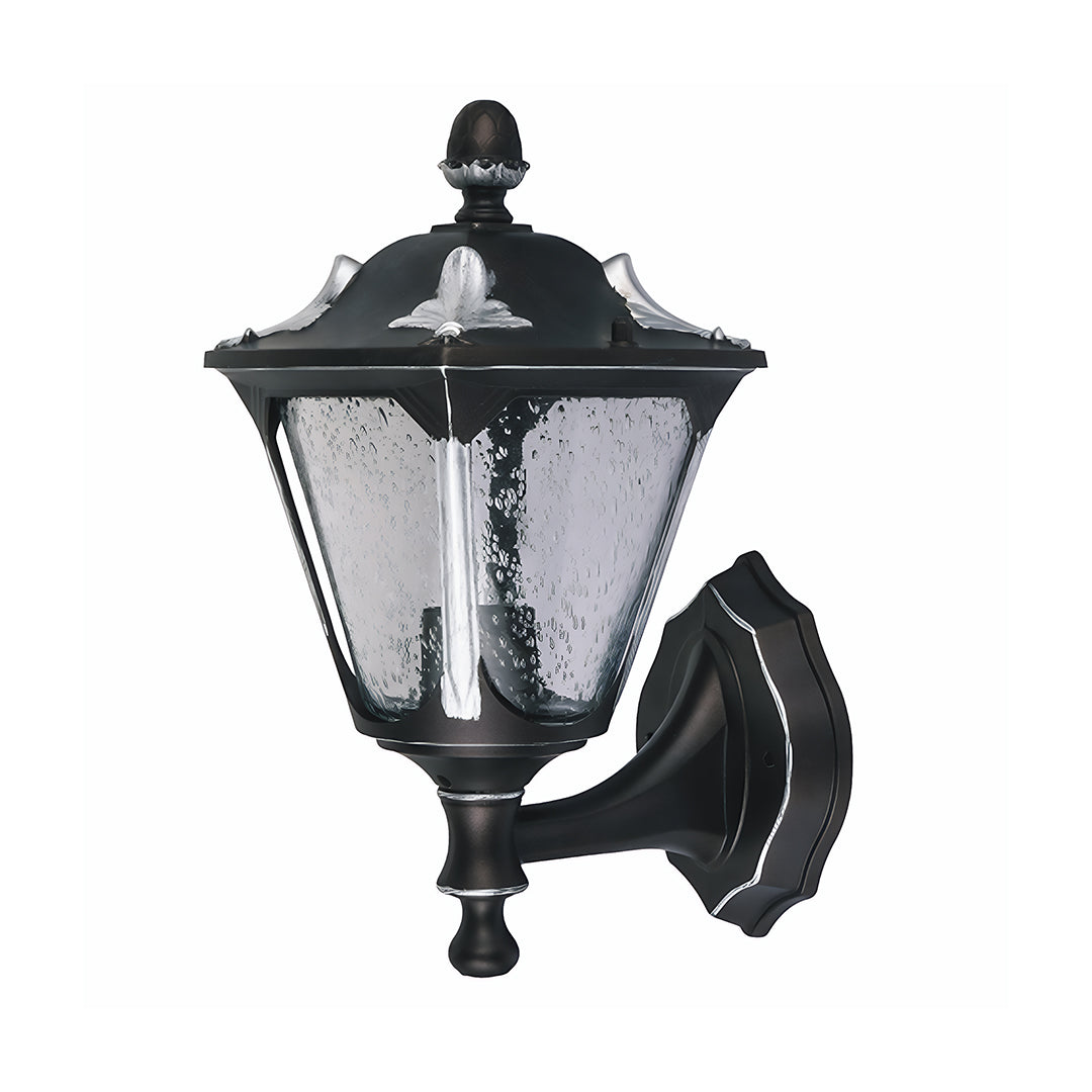 Classic outdoor light for wall featuring decorative arm and clear glass on white background